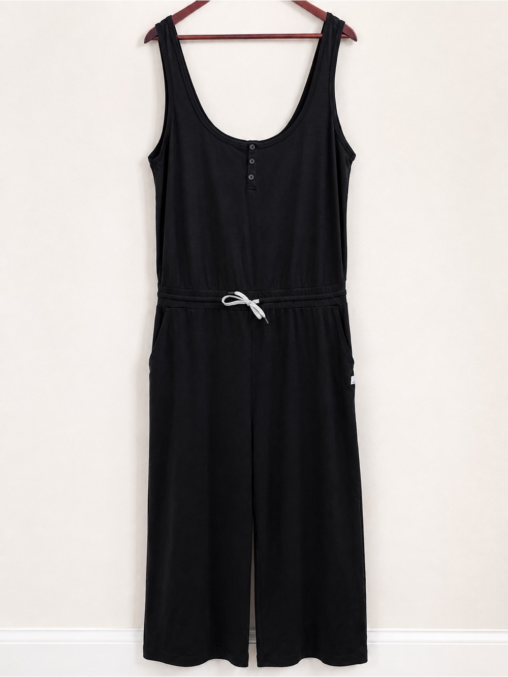 Vuori Black Wide Leg Jersey Jumpsuit Women's XL Sleeveless Drawstring